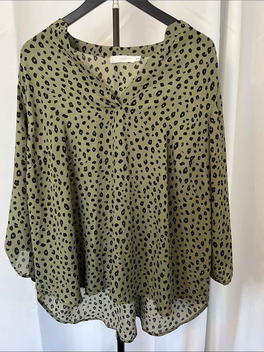 Lush Olive Green Blouse with Black Animal Spot Print